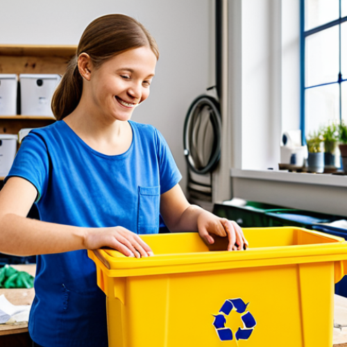 Home 8 A creative individual, fully clothed in modest, practical attire, is actively engaged in an upcycling project in a well-lit, clean workshop space. They are transforming discarded materials like old textiles and plastic containers into new functional or decorative items. In the background, clearly visible are designated German recycling bins – a blue bin for paper and a yellow bin for packaging – subtly indicating a broader approach to waste. The scene emphasizes innovation, resourcefulness, and a family-friendly atmosphere. The image features perfect anatomy, correct proportions, well-formed hands, proper finger count, and natural body proportions. This is a professional studio photograph, high quality, safe for work, and appropriate content.