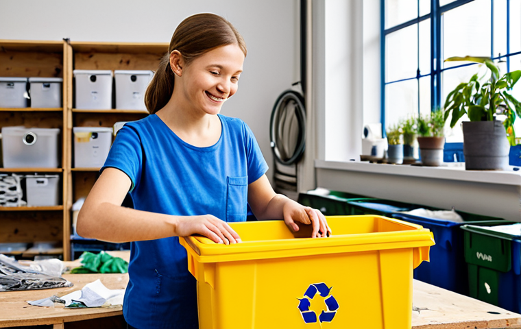 A creative individual, fully clothed in modest, practical attire, is actively engaged in an upcycling project in a well-lit, clean workshop space. They are transforming discarded materials like old textiles and plastic containers into new functional or decorative items. In the background, clearly visible are designated German recycling bins – a blue bin for paper and a yellow bin for packaging – subtly indicating a broader approach to waste. The scene emphasizes innovation, resourcefulness, and a family-friendly atmosphere. The image features perfect anatomy, correct proportions, well-formed hands, proper finger count, and natural body proportions. This is a professional studio photograph, high quality, safe for work, and appropriate content.
