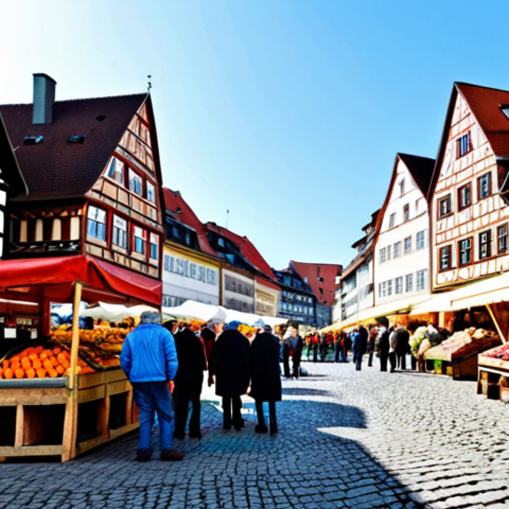 지속 가능한 소비를 위한 전환 전략 - Local Farmer's Market Scene**
"A vibrant and bustling farmer's market in a German town square. Farm...
