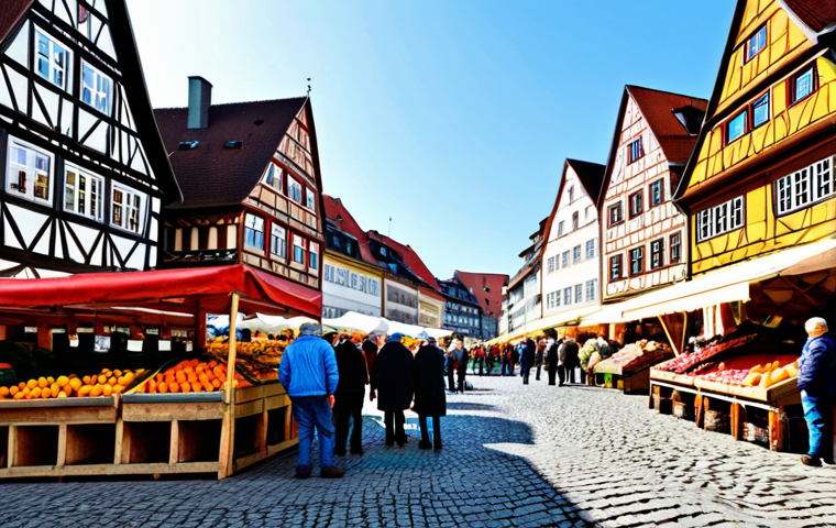 지속 가능한 소비를 위한 전환 전략 - Local Farmer's Market Scene**

"A vibrant and bustling farmer's market in a German town square. Farm...