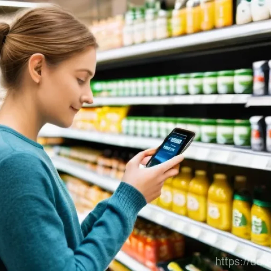 지속 가능한 소비를 위한 데이터 분석 기법 - **Prompt Title: Conscious Shopping with a Smart App in a German Supermarket**
A vibrant, realist...