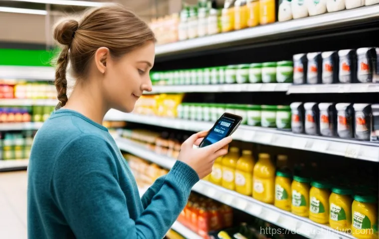 지속 가능한 소비를 위한 데이터 분석 기법 - **Prompt Title: Conscious Shopping with a Smart App in a German Supermarket**
    A vibrant, realist...