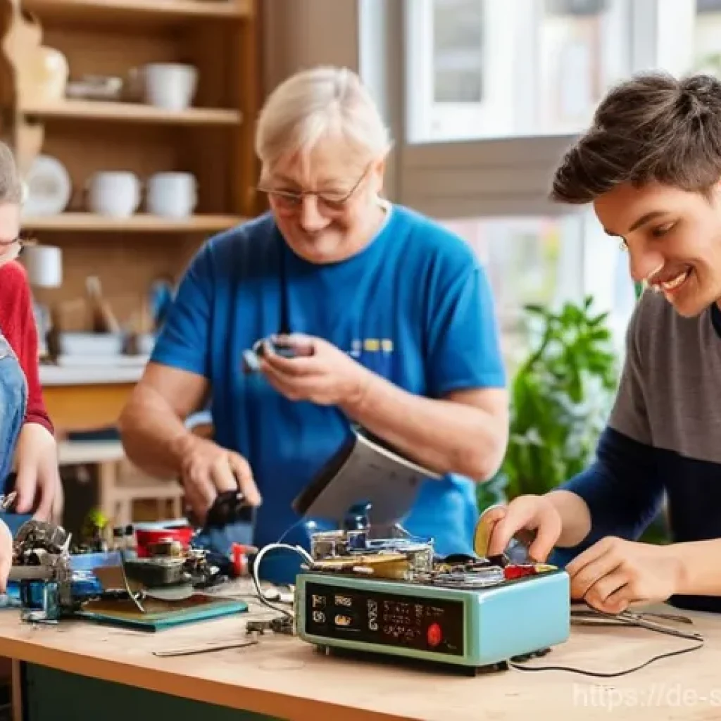 지속 가능한 소비를 위한 파트너십 모델 - A vibrant and bustling Repair Café in a modern German city, filled with people of diverse ages (from...