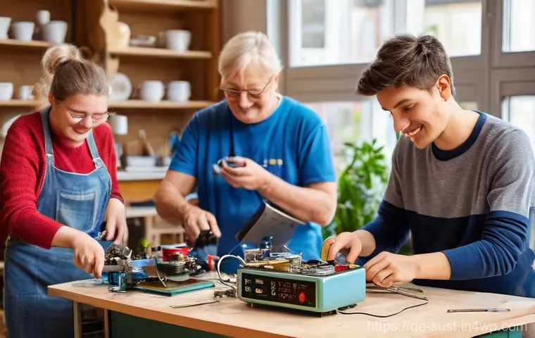 지속 가능한 소비를 위한 파트너십 모델 - A vibrant and bustling Repair Caf&eacute; in a modern German city, filled with people of diverse ages (from...