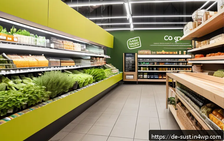 지속 가능한 소비를 위한 고객 경험 설계 - A modern German organic supermarket interior showcasing a bright, eco-friendly store design with rec...