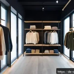 Home 22 친환경 소비 모델의 성공 사례 분석 - A cozy, stylish German slow fashion boutique interior with natural wooden shelves displaying high-qu...