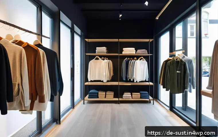 친환경 소비 모델의 성공 사례 분석 - A cozy, stylish German slow fashion boutique interior with natural wooden shelves displaying high-qu...