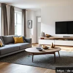Home 21 지속 가능한 소비를 위한 가정 에너지 관리 방법 - A modern German living room featuring energy-efficient LED lighting with warm white tones creating a...