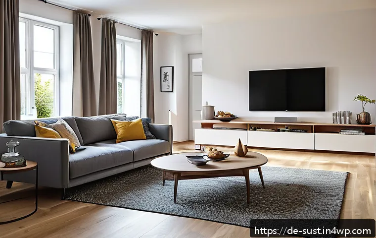 지속 가능한 소비를 위한 가정 에너지 관리 방법 - A modern German living room featuring energy-efficient LED lighting with warm white tones creating a...