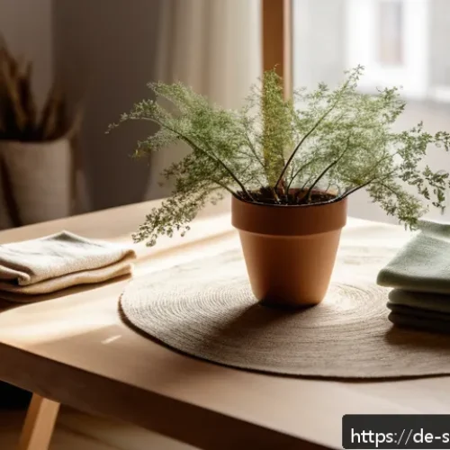 Home 32 지속 가능한 패션 소비를 위한 온라인 플랫폼 - A cozy, sunlit room showcasing sustainable fashion materials spread on a wooden table: organic cotto...