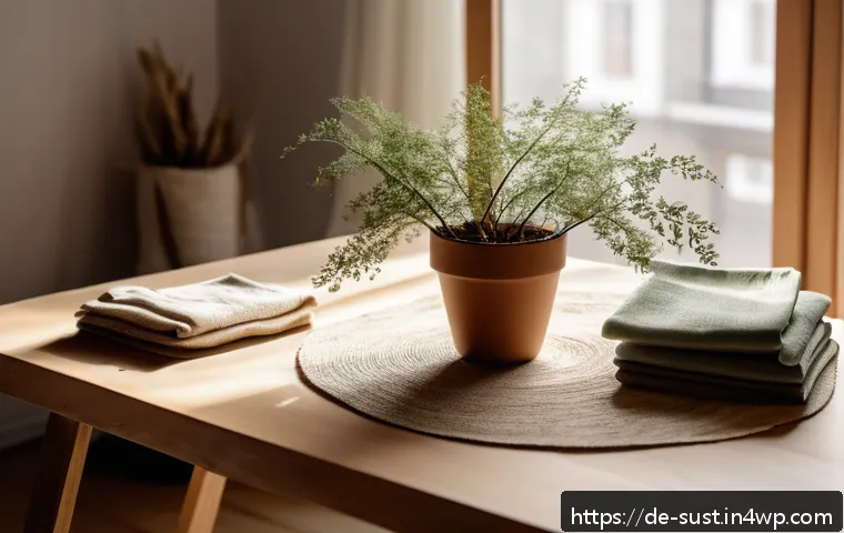 지속 가능한 패션 소비를 위한 온라인 플랫폼 - A cozy, sunlit room showcasing sustainable fashion materials spread on a wooden table: organic cotto...