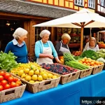 Home 19 지속 가능한 소비를 위한 전반적인 로드맵 - A cozy, sunlit German farmers' market scene featuring diverse stalls with fresh, colorful local and ...