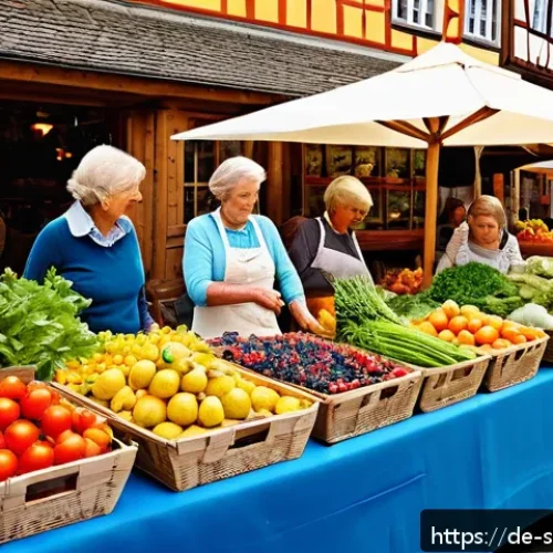 Home 31 지속 가능한 소비를 위한 전반적인 로드맵 - A cozy, sunlit German farmers' market scene featuring diverse stalls with fresh, colorful local and ...
