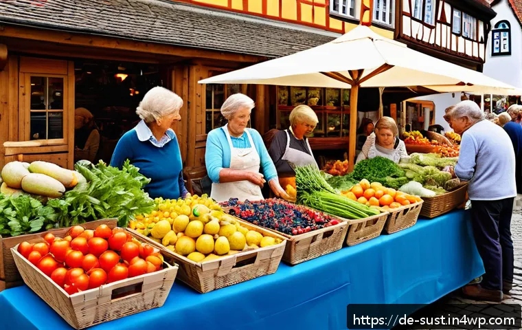 지속 가능한 소비를 위한 전반적인 로드맵 - A cozy, sunlit German farmers' market scene featuring diverse stalls with fresh, colorful local and ...