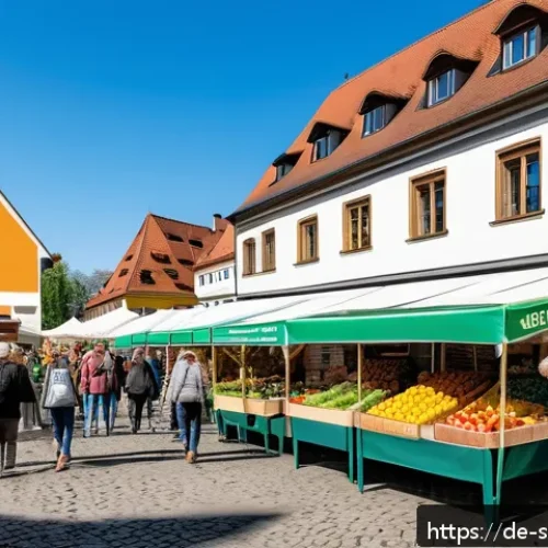 Home 30 지속 가능한 소비 트렌드 2024 전망 - A vibrant German weekly farmers market scene in spring, featuring diverse stalls with fresh regional...