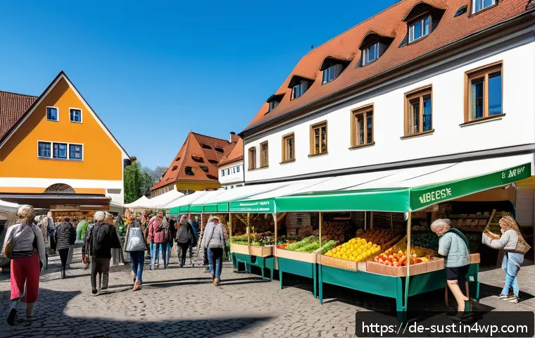 지속 가능한 소비 트렌드 2024 전망 - A vibrant German weekly farmers market scene in spring, featuring diverse stalls with fresh regional...