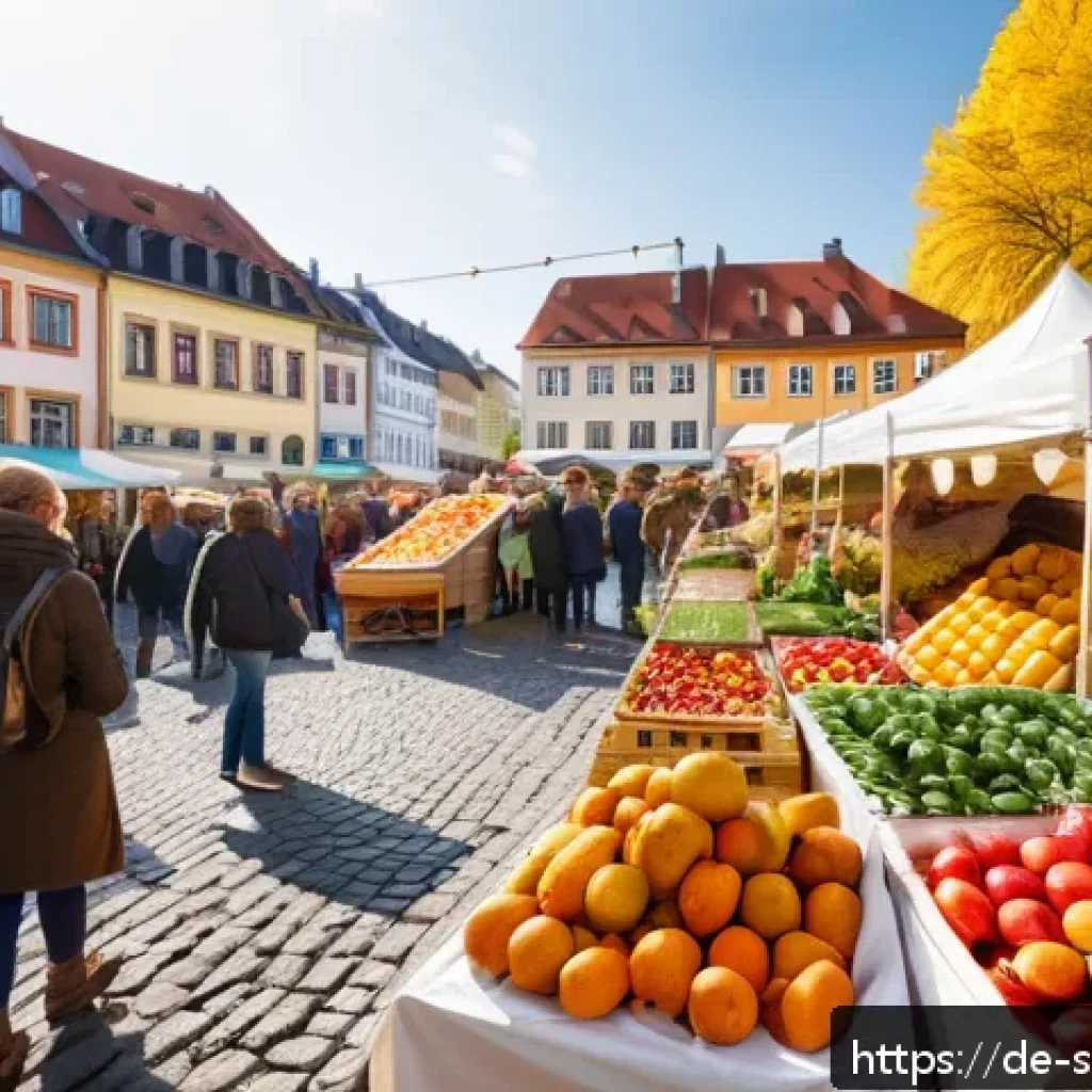 지속 가능한 소비를 위한 위험 관리 전략 - A vibrant farmers’ market scene in a German town square during autumn, showcasing local vendors sell...