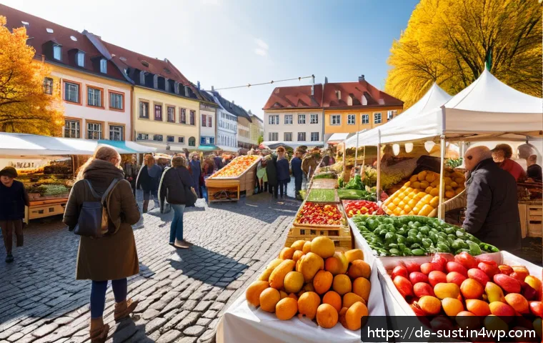 지속 가능한 소비를 위한 위험 관리 전략 - A vibrant farmers&rsquo; market scene in a German town square during autumn, showcasing local vendors sell...