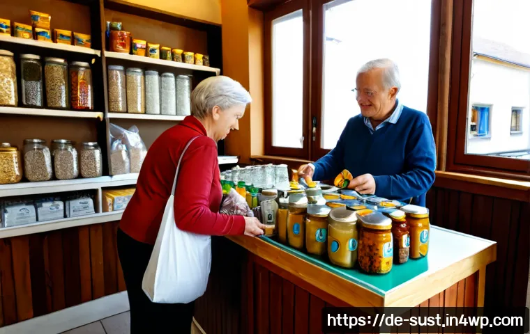 지속 가능한 소비를 위한 글로벌 협력 사례 - Photorealistic wide-angle scene of a German neighborhood refill shop partnership, an older couple an...
