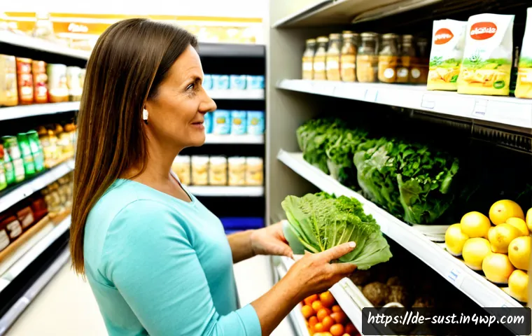 Home 17 지속 가능한 소비를 위한 쇼핑 습관 개선 - Photorealistic sustainable grocery shopping scene in a bright German supermarket, middle-aged woman ...